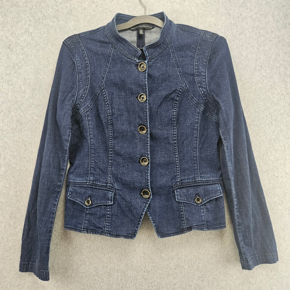 WHITE HOUSE BLACK MARKET | Denim Jacket Dark Wash Blue Peplum Size 10 Tailored